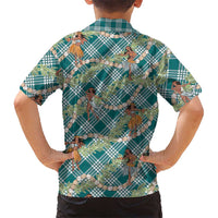 Teal Palaka Hula Girls Seamless Hawaii Aloha Family Matching Off The Shoulder Long Sleeve Dress and Hawaiian Shirt LT7 - Polynesian Pride