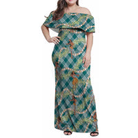 Teal Palaka Hula Girls Seamless Hawaii Aloha Family Matching Off Shoulder Maxi Dress and Hawaiian Shirt - Polynesian Pride
