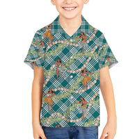 Teal Palaka Hula Girls Seamless Hawaii Aloha Family Matching Off Shoulder Maxi Dress and Hawaiian Shirt - Polynesian Pride