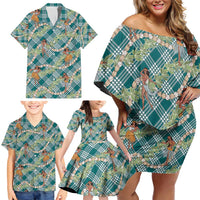 Teal Palaka Hula Girls Seamless Hawaii Aloha Family Matching Off Shoulder Short Dress and Hawaiian Shirt - Polynesian Pride