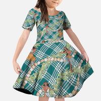 Teal Palaka Hula Girls Seamless Hawaii Aloha Family Matching Tank Maxi Dress and Hawaiian Shirt LT7 Daughter's Dress Teal - Polynesian Pride