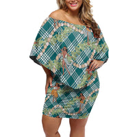 Teal Palaka Hula Girls Seamless Hawaii Aloha Off Shoulder Short Dress - Polynesian Pride