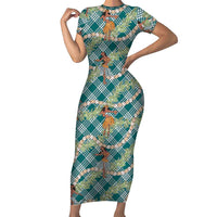 Teal Palaka Hula Girls Seamless Hawaii Aloha Short Sleeve Bodycon Dress LT7 Long Dress Teal - Polynesian Pride