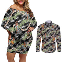 Sable Palaka Hula Girls Seamless Hawaii Aloha Couples Matching Off Shoulder Short Dress and Long Sleeve Button Shirt - Polynesian Pride
