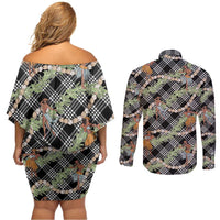 Sable Palaka Hula Girls Seamless Hawaii Aloha Couples Matching Off Shoulder Short Dress and Long Sleeve Button Shirt - Polynesian Pride