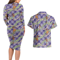 Lavender Palaka Hula Girls Seamless Hawaii Aloha Couples Matching Long Sleeve Bodycon Dress and Hawaiian Shirt - Polynesian Pride