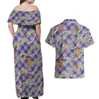 Lavender Palaka Hula Girls Seamless Hawaii Aloha Couples Matching Off Shoulder Maxi Dress and Hawaiian Shirt - Polynesian Pride