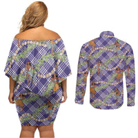 Lavender Palaka Hula Girls Seamless Hawaii Aloha Couples Matching Off Shoulder Short Dress and Long Sleeve Button Shirt - Polynesian Pride