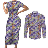 Lavender Palaka Hula Girls Seamless Hawaii Aloha Couples Matching Short Sleeve Bodycon Dress and Long Sleeve Button Shirt - Polynesian Pride
