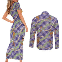 Lavender Palaka Hula Girls Seamless Hawaii Aloha Couples Matching Short Sleeve Bodycon Dress and Long Sleeve Button Shirt - Polynesian Pride