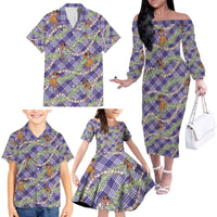 Lavender Palaka Hula Girls Seamless Hawaii Aloha Family Matching Off The Shoulder Long Sleeve Dress and Hawaiian Shirt - Polynesian Pride