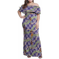 Lavender Palaka Hula Girls Seamless Hawaii Aloha Family Matching Off Shoulder Maxi Dress and Hawaiian Shirt LT7 Mom's Dress Lavender - Polynesian Pride