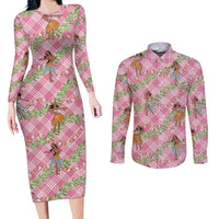 Lokelani Pink Palaka Hula Girls Seamless Hawaii Aloha Couples Matching Long Sleeve Bodycon Dress and Long Sleeve Button Shirt - Polynesian Pride