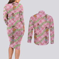 Lokelani Pink Palaka Hula Girls Seamless Hawaii Aloha Couples Matching Long Sleeve Bodycon Dress and Long Sleeve Button Shirt - Polynesian Pride