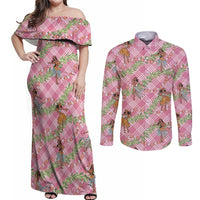 Lokelani Pink Palaka Hula Girls Seamless Hawaii Aloha Couples Matching Off Shoulder Maxi Dress and Long Sleeve Button Shirt - Polynesian Pride