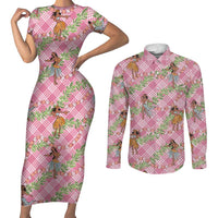 Lokelani Pink Palaka Hula Girls Seamless Hawaii Aloha Couples Matching Short Sleeve Bodycon Dress and Long Sleeve Button Shirt - Polynesian Pride