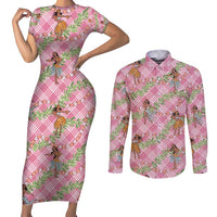 Lokelani Pink Palaka Hula Girls Seamless Hawaii Aloha Couples Matching Short Sleeve Bodycon Dress and Long Sleeve Button Shirt - Polynesian Pride