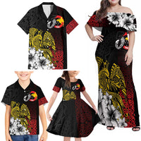 Personalized Papua New Guinea 50th Independence Anniversary Family Matching Off Shoulder Maxi Dress and Hawaiian Shirt Oro Tapa Mix Plumeria LT7 - Polynesian Pride