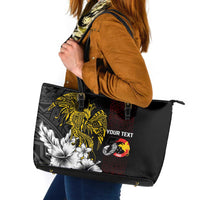 Personalized Papua New Guinea 50th Independence Anniversary Leather Tote Bag Oro Tapa Mix Plumeria
