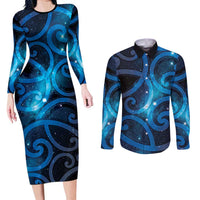 New Zealand Maori Matariki Couples Matching Long Sleeve Bodycon Dress and Long Sleeve Button Shirt Galaxy Kowhaiwhai