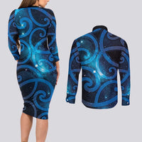 New Zealand Maori Matariki Couples Matching Long Sleeve Bodycon Dress and Long Sleeve Button Shirt Galaxy Kowhaiwhai