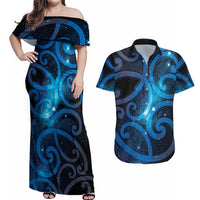 New Zealand Maori Matariki Couples Matching Off Shoulder Maxi Dress and Hawaiian Shirt Galaxy Kowhaiwhai