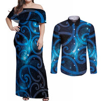 New Zealand Maori Matariki Couples Matching Off Shoulder Maxi Dress and Long Sleeve Button Shirt Galaxy Kowhaiwhai