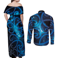 New Zealand Maori Matariki Couples Matching Off Shoulder Maxi Dress and Long Sleeve Button Shirt Galaxy Kowhaiwhai