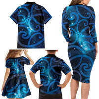 New Zealand Maori Matariki Family Matching Long Sleeve Bodycon Dress and Hawaiian Shirt Galaxy Kowhaiwhai LT7 - Polynesian Pride
