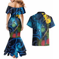 Tui Bird New Zealand Starry Sky Couples Matching Mermaid Dress and Hawaiian Shirt Maori Koru