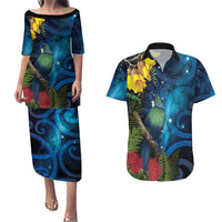 Tui Bird New Zealand Starry Sky Couples Matching Puletasi and Hawaiian Shirt Maori Koru