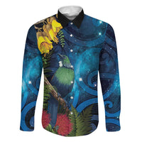 Tui Bird New Zealand Starry Sky Family Matching Puletasi and Hawaiian Shirt Maori Koru LT7 Dad's Shirt - Long Sleeve Galaxy - Polynesian Pride