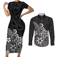 Polynesia Couples Matching Short Sleeve Bodycon Dress and Long Sleeve Button Shirts Plumeria Black Curves LT7 Black - Polynesian Pride