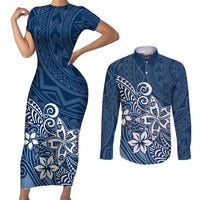 Polynesia Couples Matching Short Sleeve Bodycon Dress and Long Sleeve Button Shirts Plumeria Blue Curves LT7 Blue - Polynesian Pride
