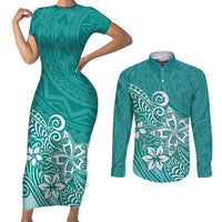 Polynesia Couples Matching Short Sleeve Bodycon Dress and Long Sleeve Button Shirts Plumeria Teal Curves LT7 Teal - Polynesian Pride