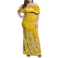 Hawaii Family Matching Outfits Polynesia Off Shoulder Maxi Dress And Shirt Family Set Clothes Plumeria Yellow Curves LT7 Mom's Dress Yellow - Polynesian Pride