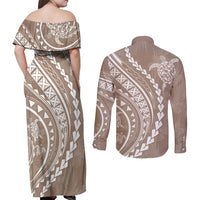 Polynesian Pride Couples Matching Off Shoulder Maxi Dress and Long Sleeve Button Shirts Turtle Hibiscus Luxury Style - Beige LT7 - Polynesian Pride