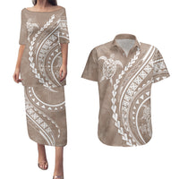 Polynesian Pride Couples Matching Puletasi Dress and Hawaiian Shirt Turtle Hibiscus Luxury Style - Beige LT7 Beige - Polynesian Pride