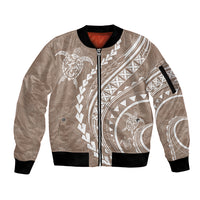 Polynesian Pride Sleeve Zip Bomber Jacket Turtle Hibiscus Luxury Style - Beige LT7 Unisex Beige - Polynesian Pride