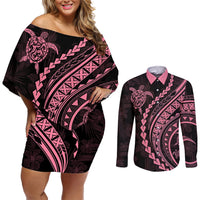 Polynesian Pride Couples Matching Off Shoulder Short Dress and Long Sleeve Button Shirts Turtle Hibiscus Luxury Style - Carnation Pink LT7 Carnation Pink - Polynesian Pride