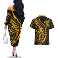 Polynesian Pride Couples Matching Off The Shoulder Long Sleeve Dress and Hawaiian Shirt Turtle Hibiscus Luxury Style - Merigold LT7 - Polynesian Pride