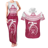 Personalised Fiji Adi Cakobau School Couples Matching Tank Maxi Dress and Hawaiian Shirt ACS Old Girls Lotus Mix Masi LT7 Crimson - Polynesian Pride
