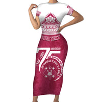 Personalised Fiji Adi Cakobau School Short Sleeve Bodycon Dress ACS Old Girls Lotus Mix Masi LT7 Long Dress Crimson - Polynesian Pride
