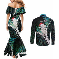 New Zealand Personalised Couples Matching Mermaid Dress and Long Sleeve Button Shirt Meri Kirihimete Kowhaiwhai Mix Paua Shell - Emerald