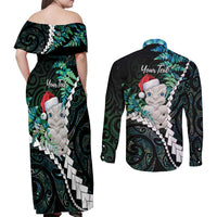 New Zealand Personalised Couples Matching Off Shoulder Maxi Dress and Long Sleeve Button Shirt Meri Kirihimete Kowhaiwhai Mix Paua Shell - Emerald