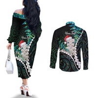 New Zealand Personalised Couples Matching Off The Shoulder Long Sleeve Dress and Long Sleeve Button Shirt Meri Kirihimete Kowhaiwhai Mix Paua Shell - Emerald