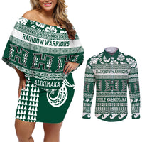 Hawaii Rainbow Warriors Christmas Couples Matching Off Shoulder Short Dress and Long Sleeve Button Shirt Kakau Motifs LT7 Green - Polynesian Pride
