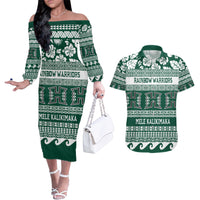 Hawaii Rainbow Warriors Christmas Couples Matching Off The Shoulder Long Sleeve Dress and Hawaiian Shirt Kakau Motifs LT7 Green - Polynesian Pride