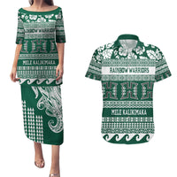 Hawaii Rainbow Warriors Christmas Couples Matching Puletasi Dress and Hawaiian Shirt Kakau Motifs LT7 Green - Polynesian Pride