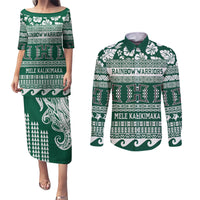 Hawaii Rainbow Warriors Christmas Couples Matching Puletasi Dress and Long Sleeve Button Shirt Kakau Motifs LT7 Green - Polynesian Pride